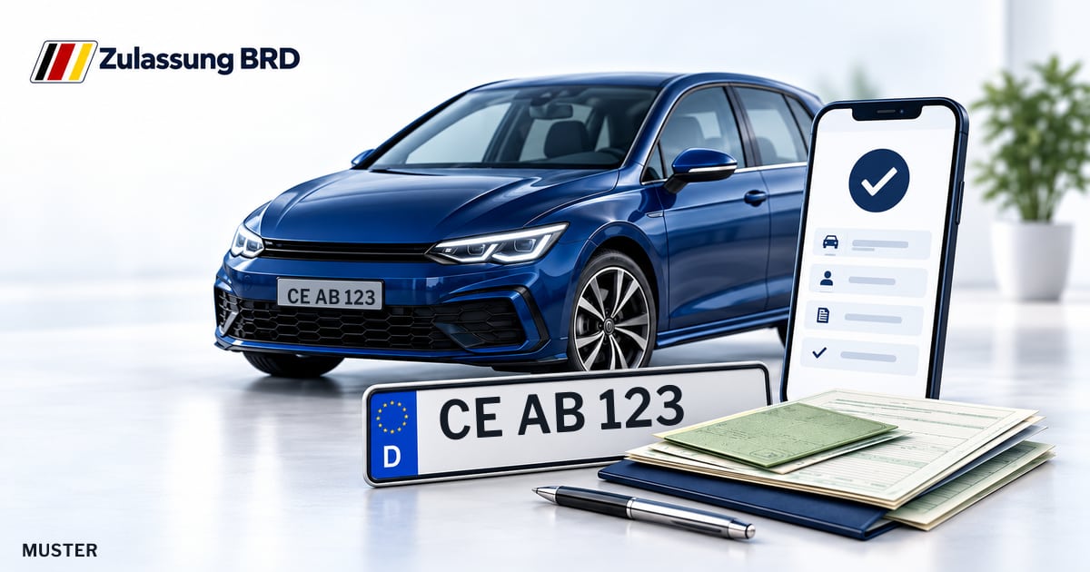 Online Fahrzeugzulassung in Celle: Musterkennzeichen CE AB 123, Auto und Fahrzeugpapiere und Smartphone. Illustration mit Logo von Zulassung BRD.